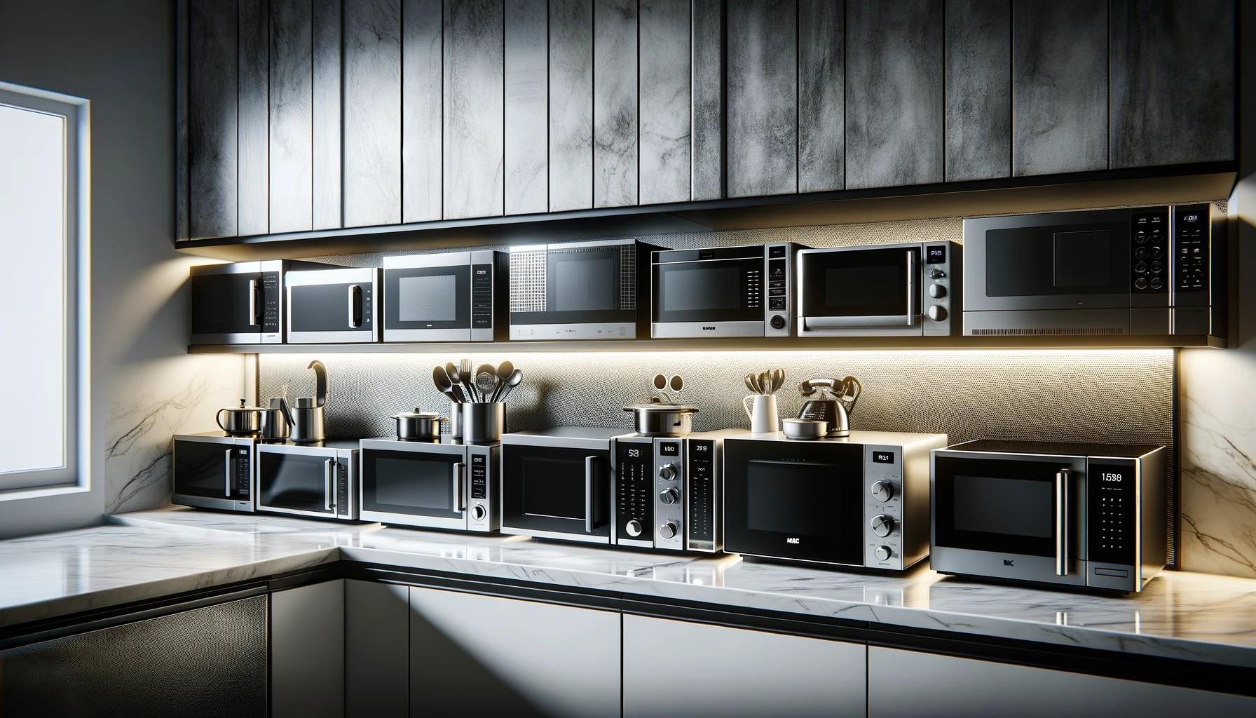 Microwave ovens lined up in the kitchen